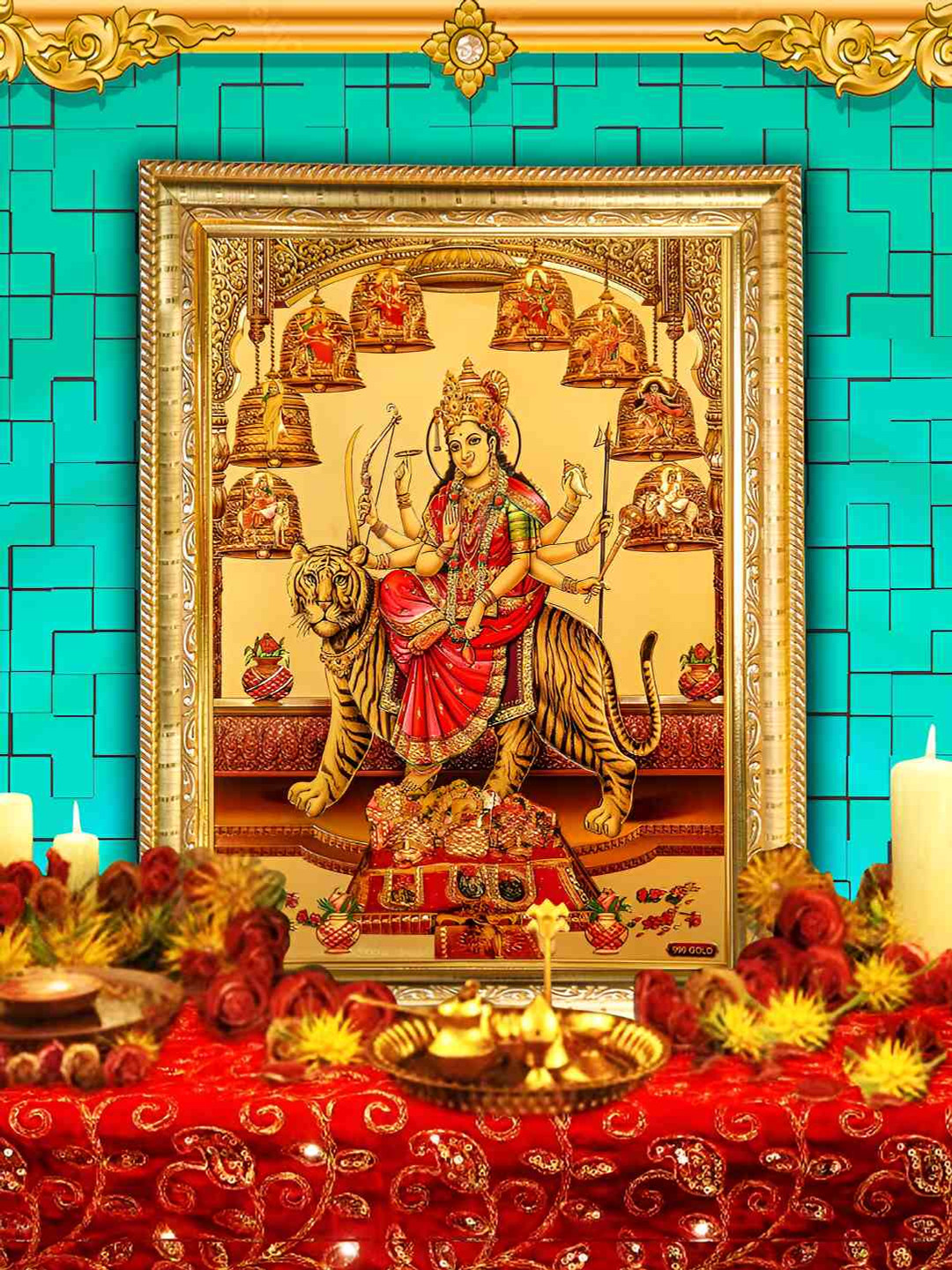 Hawai Gold-Toned & Red 24k Gold Plated Durga Devi Foil Embossed Wood Wall Photo Frame