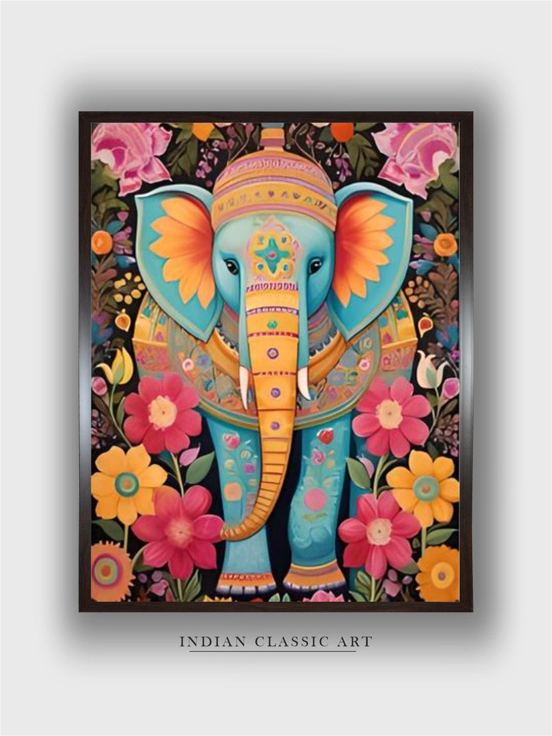 INDIAN CLASSIC ART Black & Blue Indian Elephant Painting Wall Art