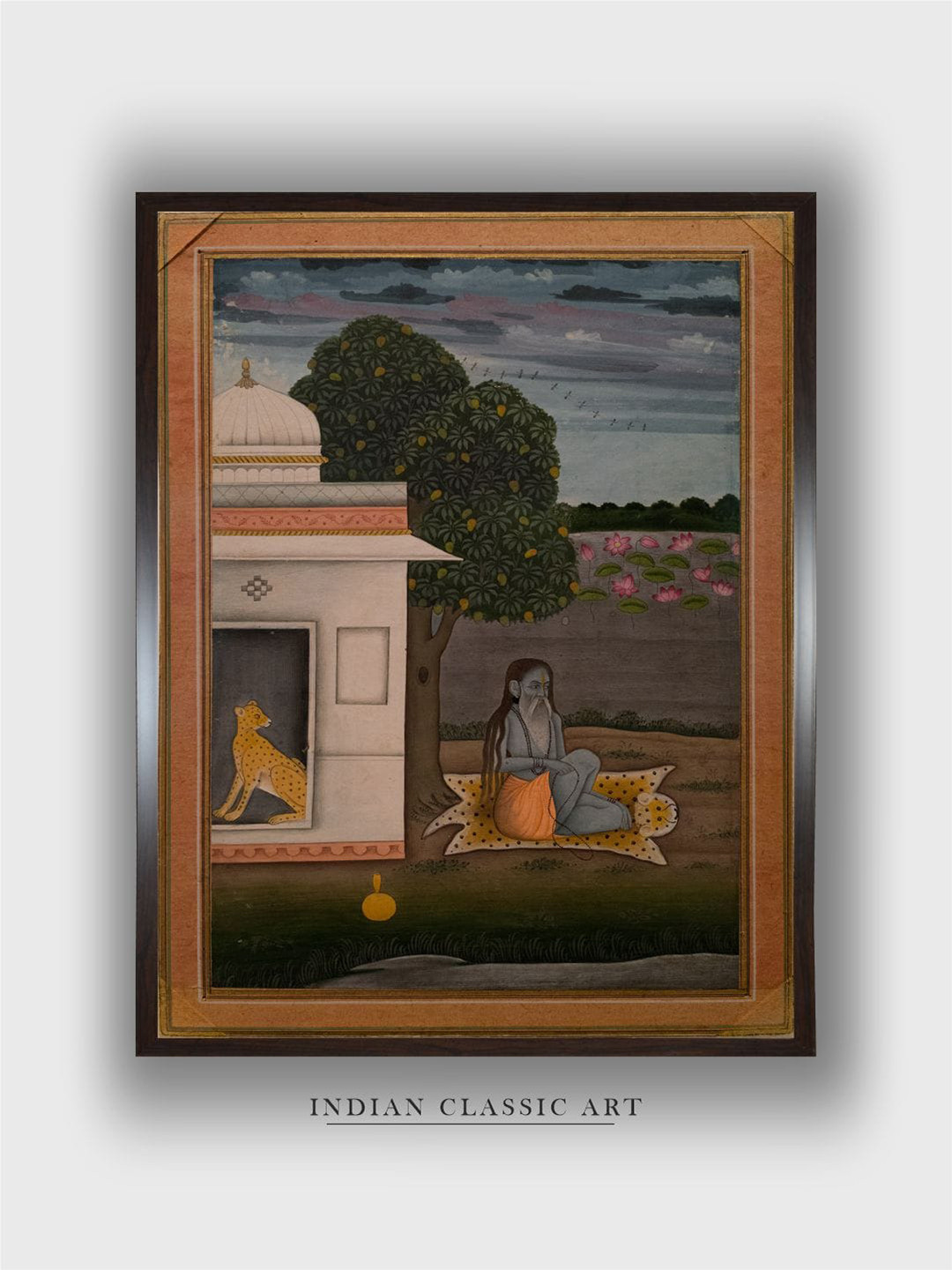 INDIAN CLASSIC ART White & Blue Ascetic Seated On Leopard's Skin Painting Wall Art