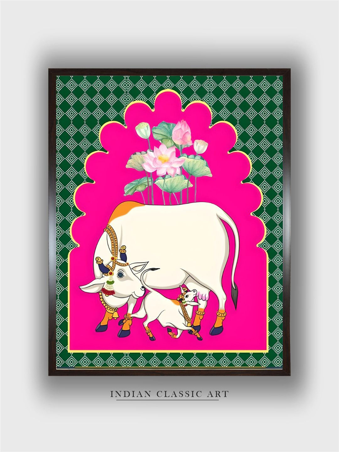 INDIAN CLASSIC ART Pink & Green Wood Painting Cow Painting Wall Art