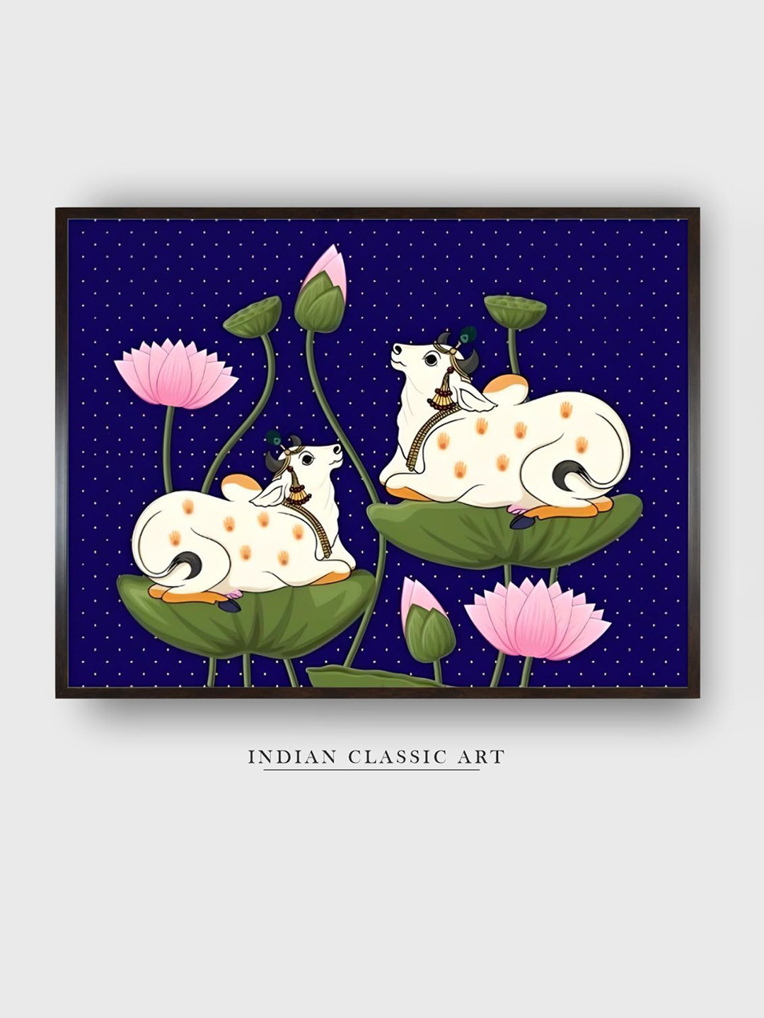 INDIAN CLASSIC ART Blue & White Pichhwai Cow With Lotus Wall Art