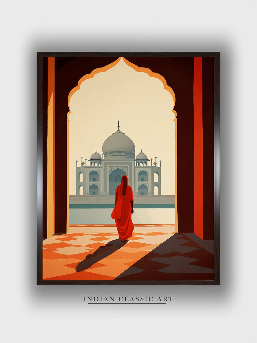 INDIAN CLASSIC ART Beige & Red Abstract Wooden Framed Painting Wall Art
