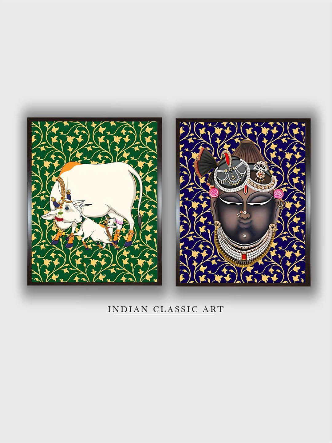 INDIAN CLASSIC ART Shrinathji Pichwai Cow Wood 2 Pcs Wall Paintings Wall Art - 30x20In