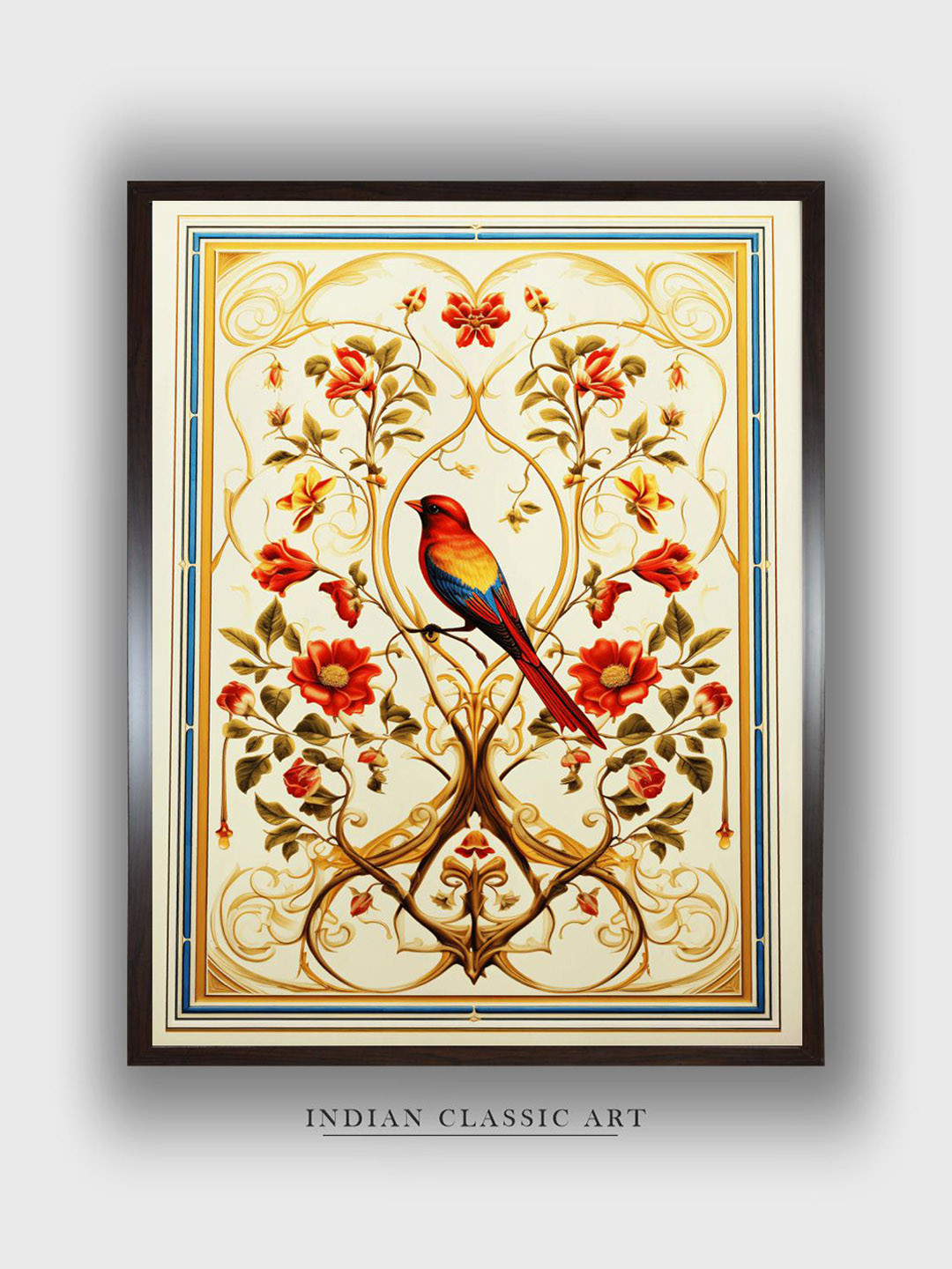 INDIAN CLASSIC ART Beige & Red Floral Wooden Indian Folk Painting Wall Art