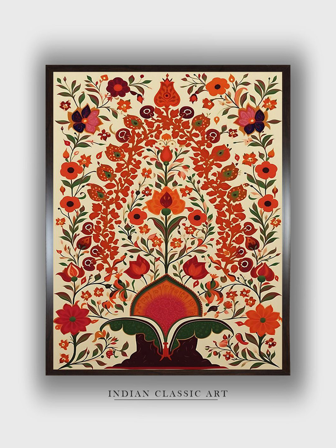 INDIAN CLASSIC ART Beige & Red Floral and Botanical Wood Painted Wall Art