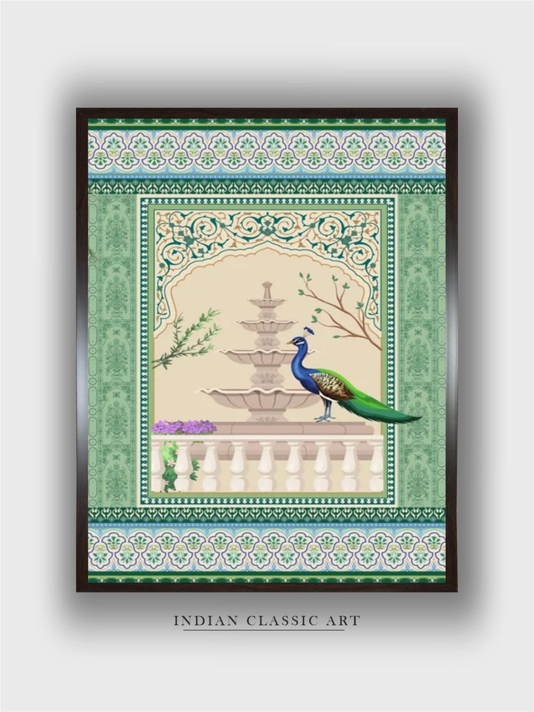 INDIAN CLASSIC ART Beige & Green Wooden Peacock Painting Wall Art