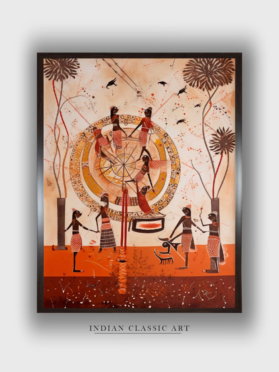 INDIAN CLASSIC ART Orange Tales Of The Warli Wooden Hanging Wall Art