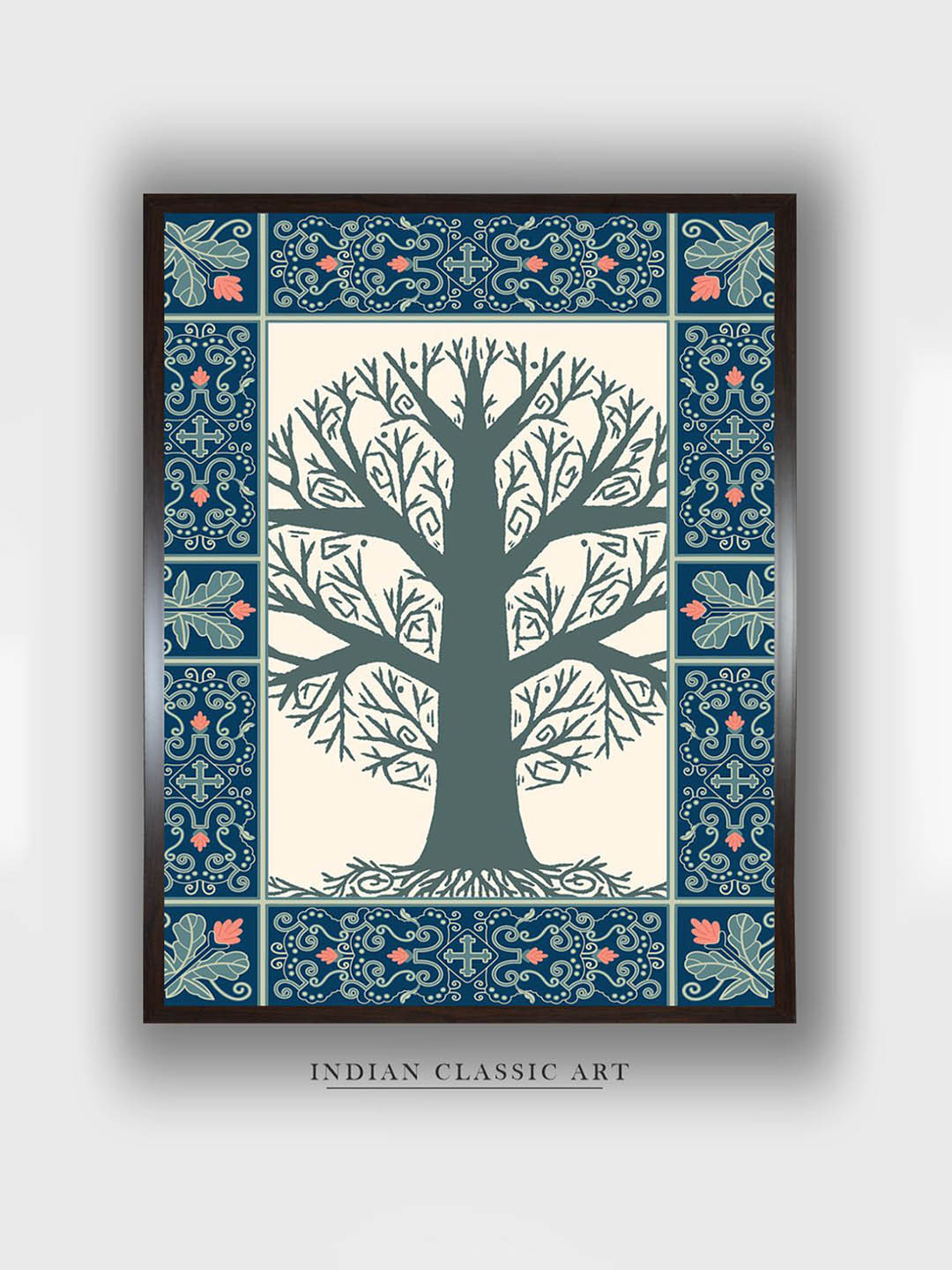 INDIAN CLASSIC ART Blue & Grey Wooden Botanical Painting Wall Art