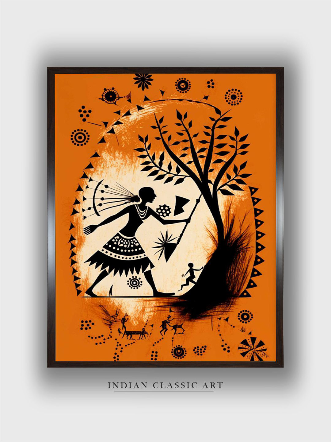 INDIAN CLASSIC ART Orange & Black Wooden Celebrating Tradition A Warli Painting