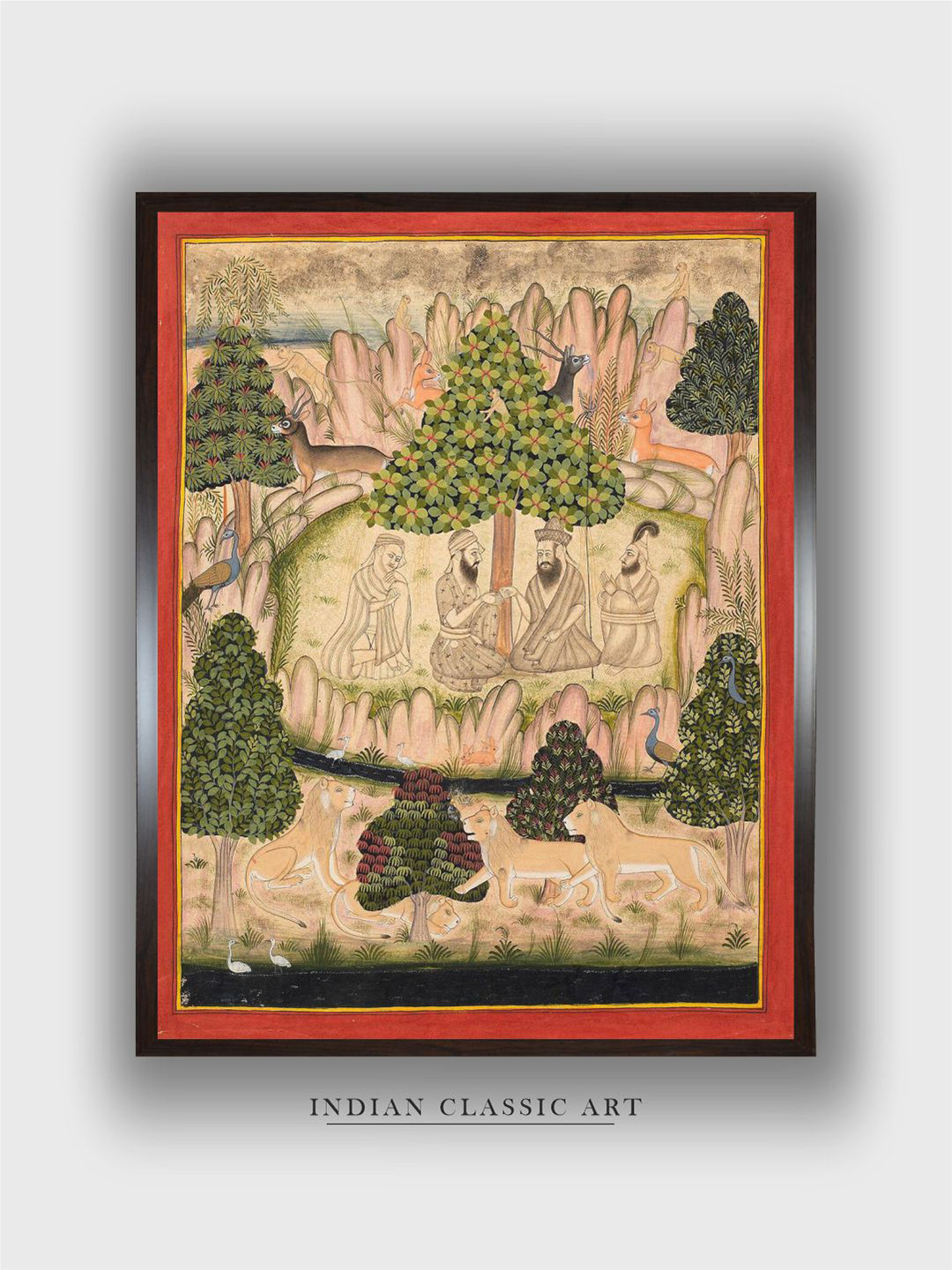 INDIAN CLASSIC ART Cream & Green Holy Men Visiting Guru Nanak Painting Wall Art