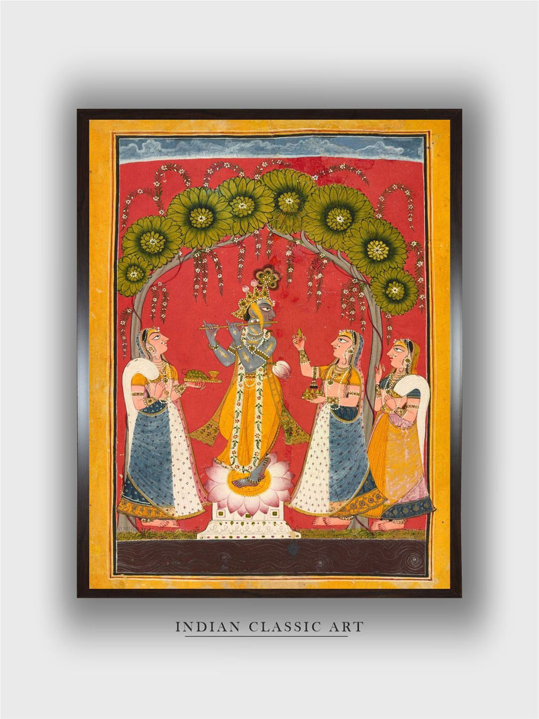 INDIAN CLASSIC ART Red & Mustard Krishna & Radha, Pichwai Wood Framed Wall Art