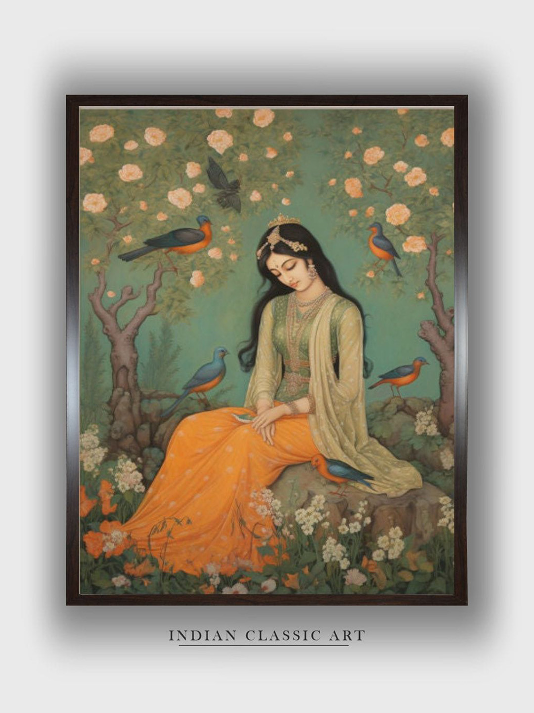 INDIAN CLASSIC ART Green & Orange Colored Indian Folk Wall Art