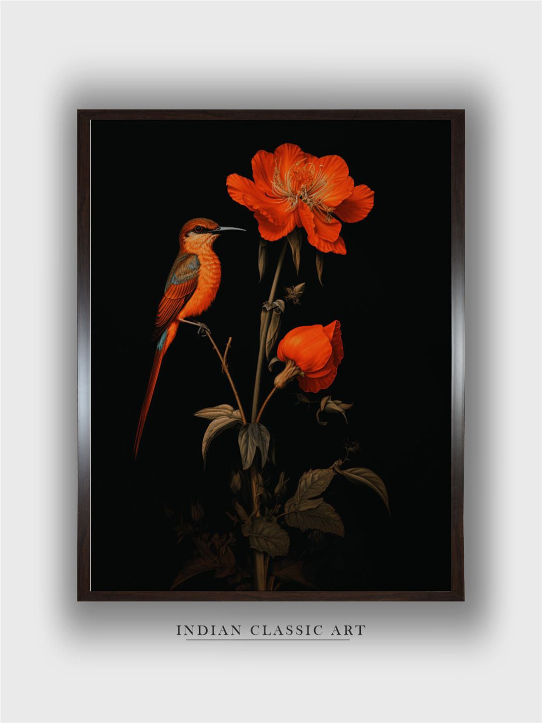 INDIAN CLASSIC ART Black & Red Bird Floral Canvas Painting Wall Art