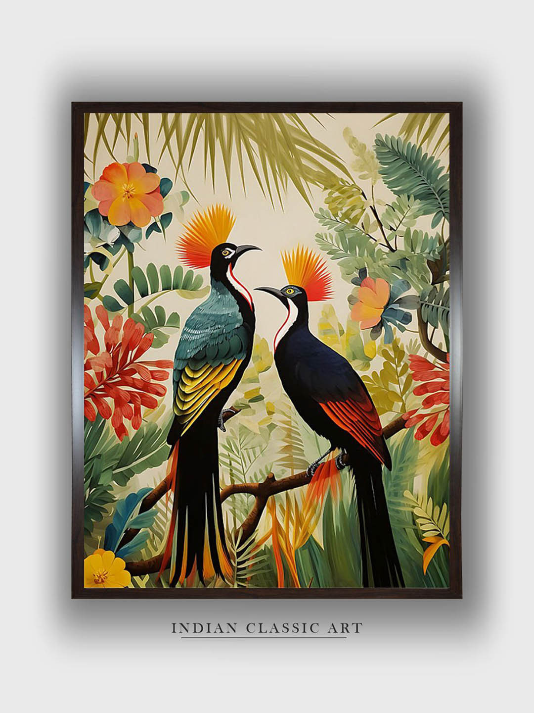INDIAN CLASSIC ART Orange & Blue Birds Wood Framed Painting Wall Art