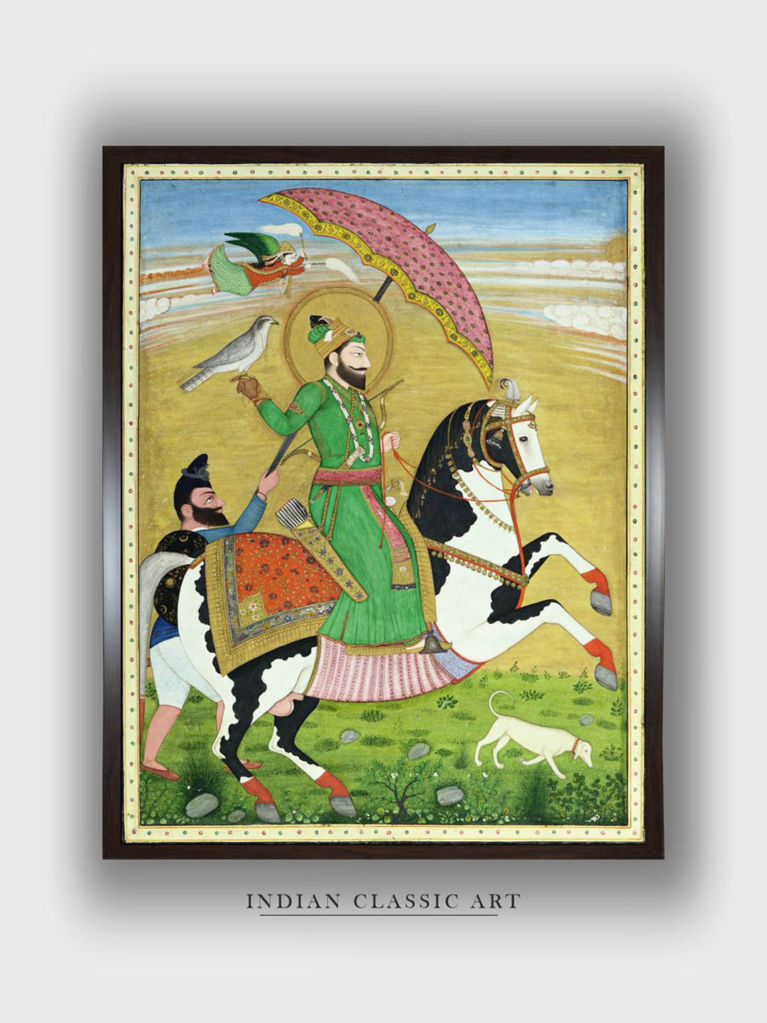 INDIAN CLASSIC ART Green Equestrian portrait of Guru Gobind Singh Framed Wall Art