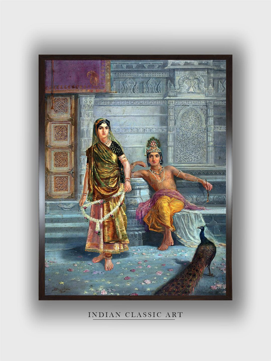 INDIAN CLASSIC ART Grey & Green Radha &  Krishna Painting Wall Art
