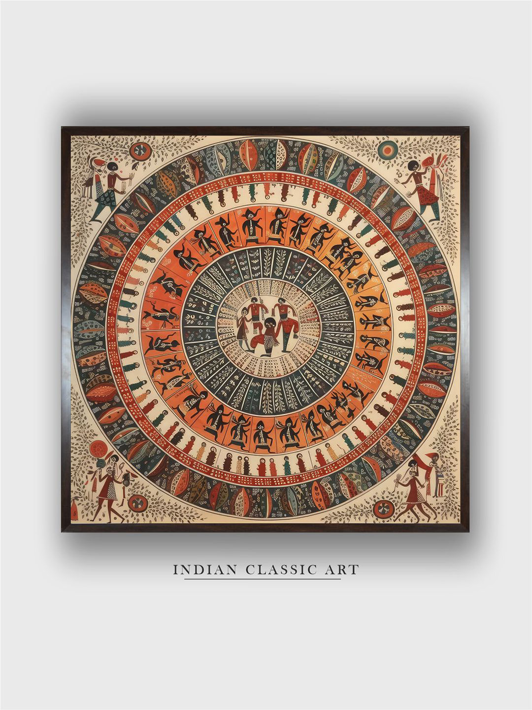 INDIAN CLASSIC ART Beige & Red Warli Printed Framed Wall Art