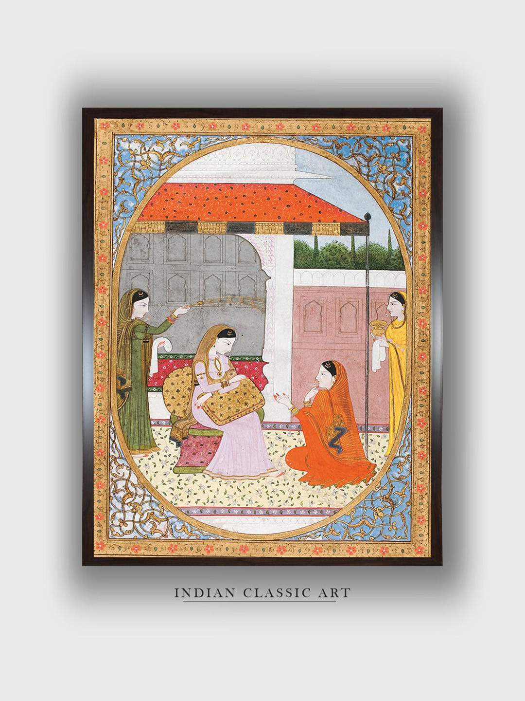 INDIAN CLASSIC ART Orange & Grey A Pensive Nayika With Her Sakhi Canvas Painting Wall Art