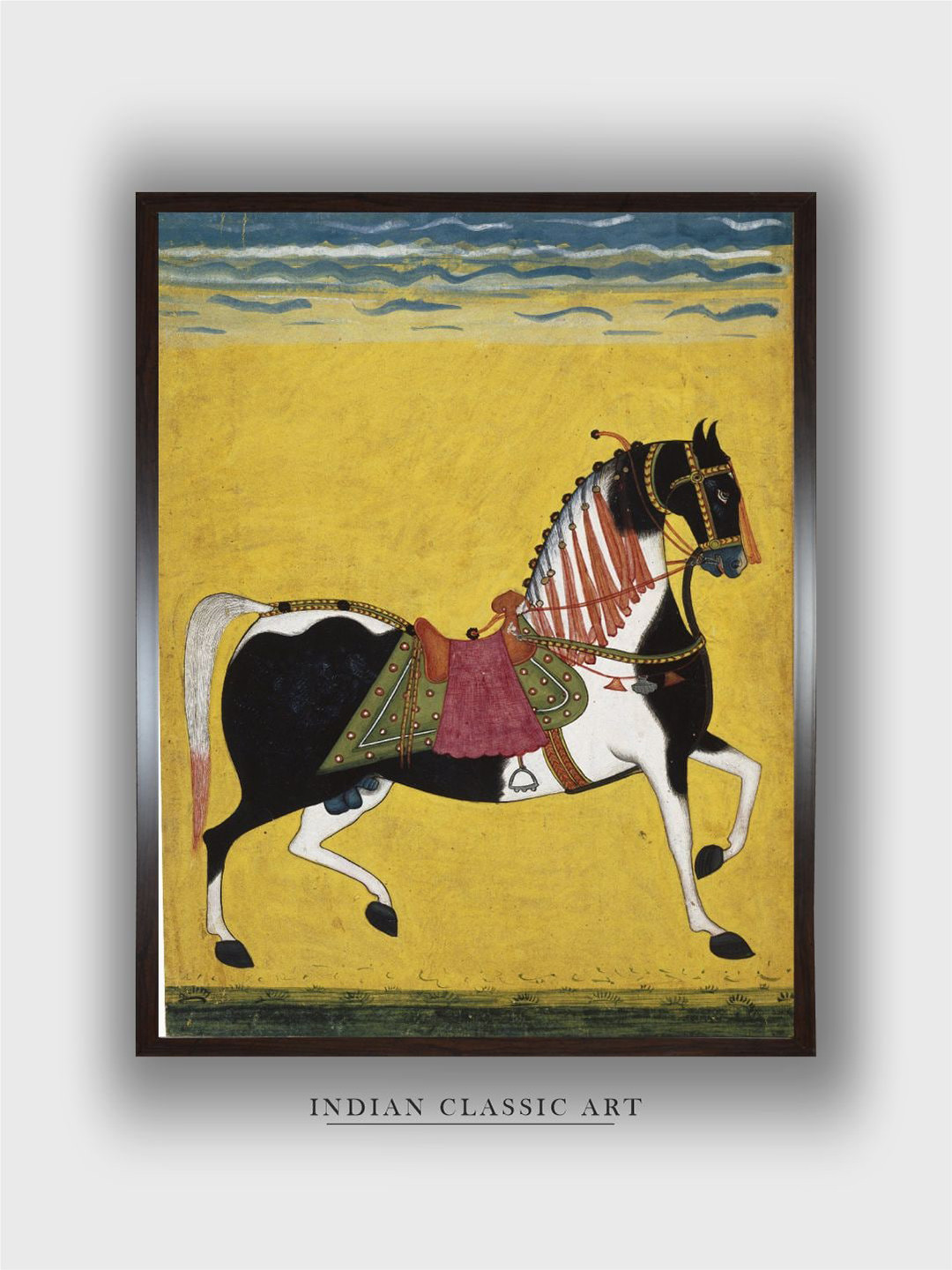 INDIAN CLASSIC ART Yellow Wooden Portrait Of A Stallion Painting Wall Art