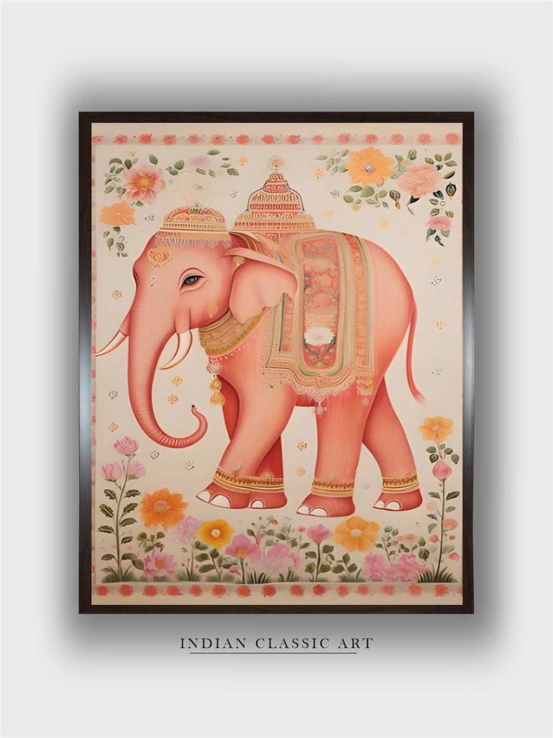 INDIAN CLASSIC ART Peach & Green Elephant Canvas Birds and Animals Wall Painting