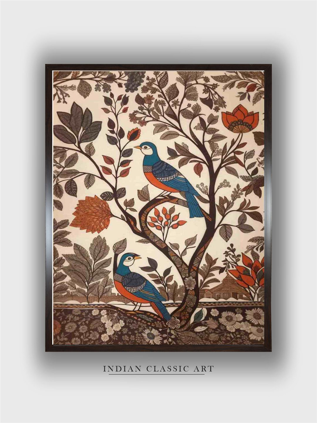 INDIAN CLASSIC ART Cream-Coloured & Brown Indian Folk Framed Wall Art