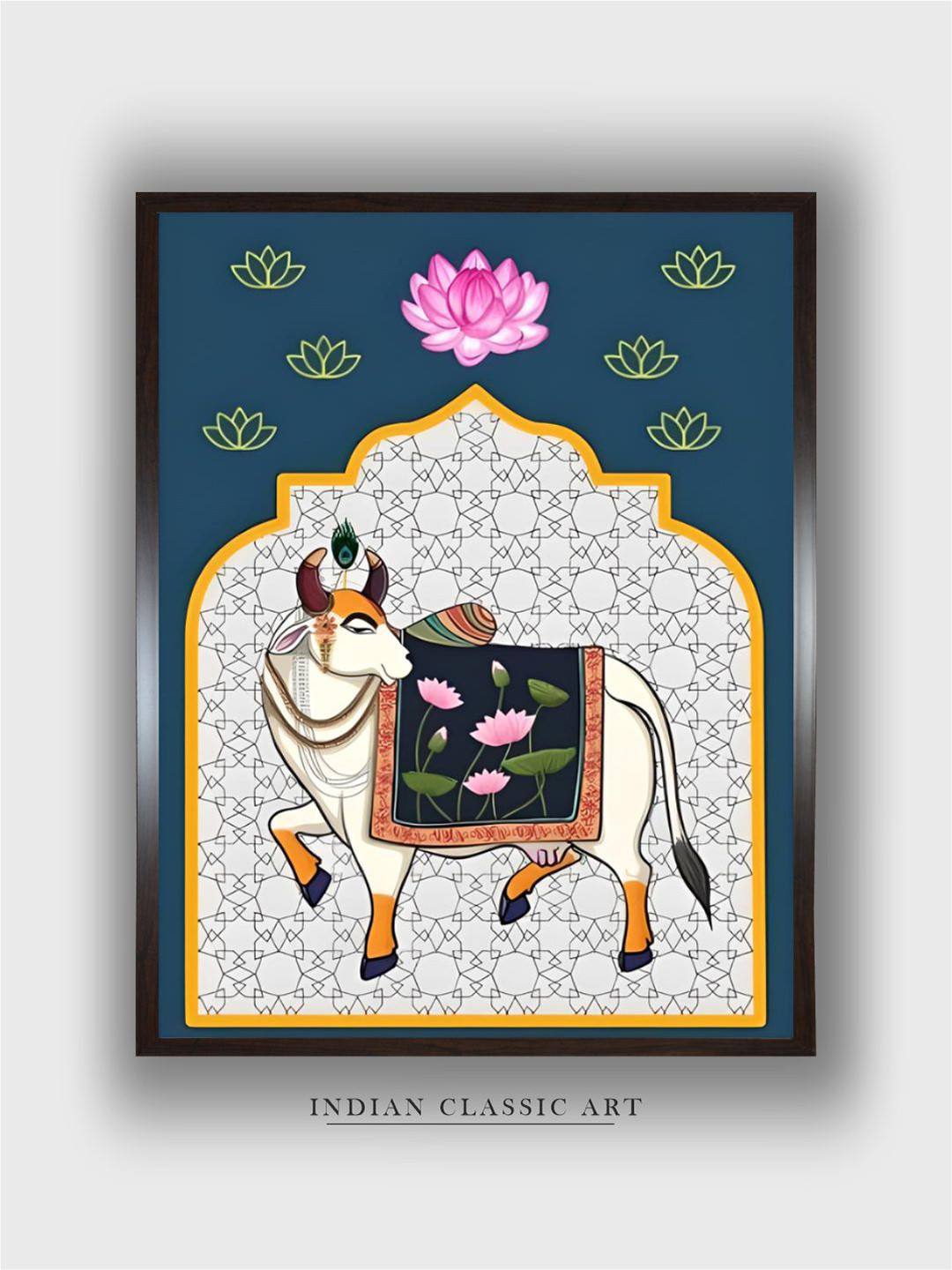 INDIAN CLASSIC ART Blue & White Pichwai Cow Wood Painting Wall Art