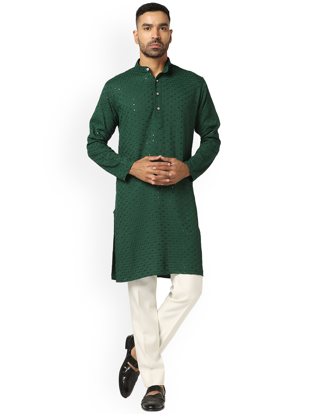 ahhaaaa Men Green Embroidered Mirror Work Summer Sheers Handloom Kurta