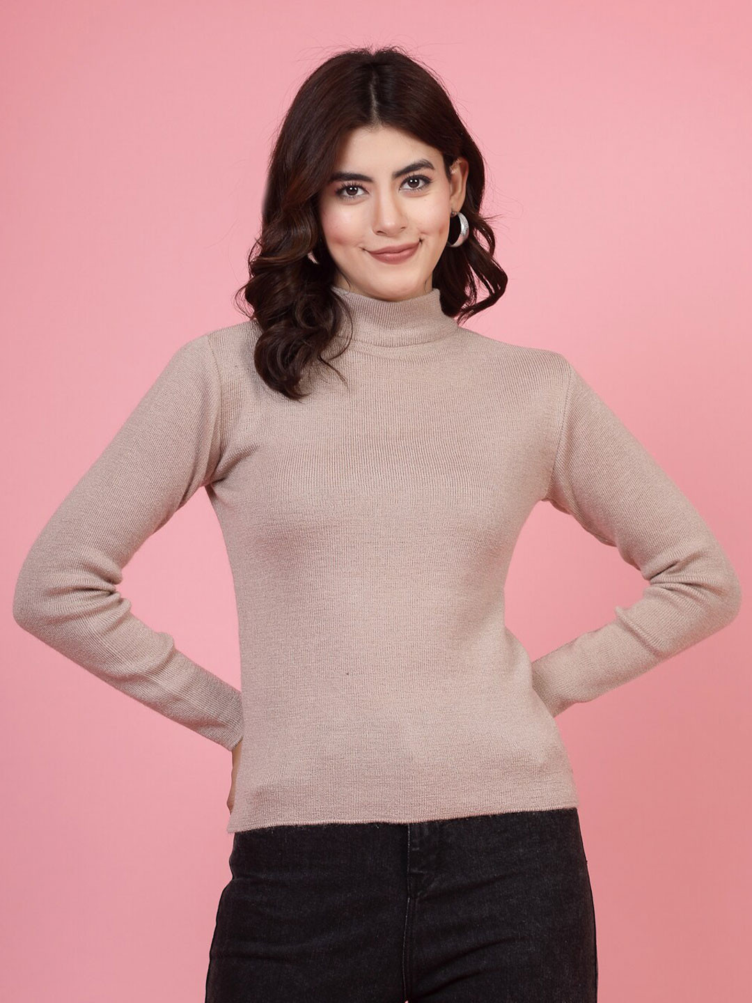 Clora Creation Ribbed High Neck Fitted Woollen Top