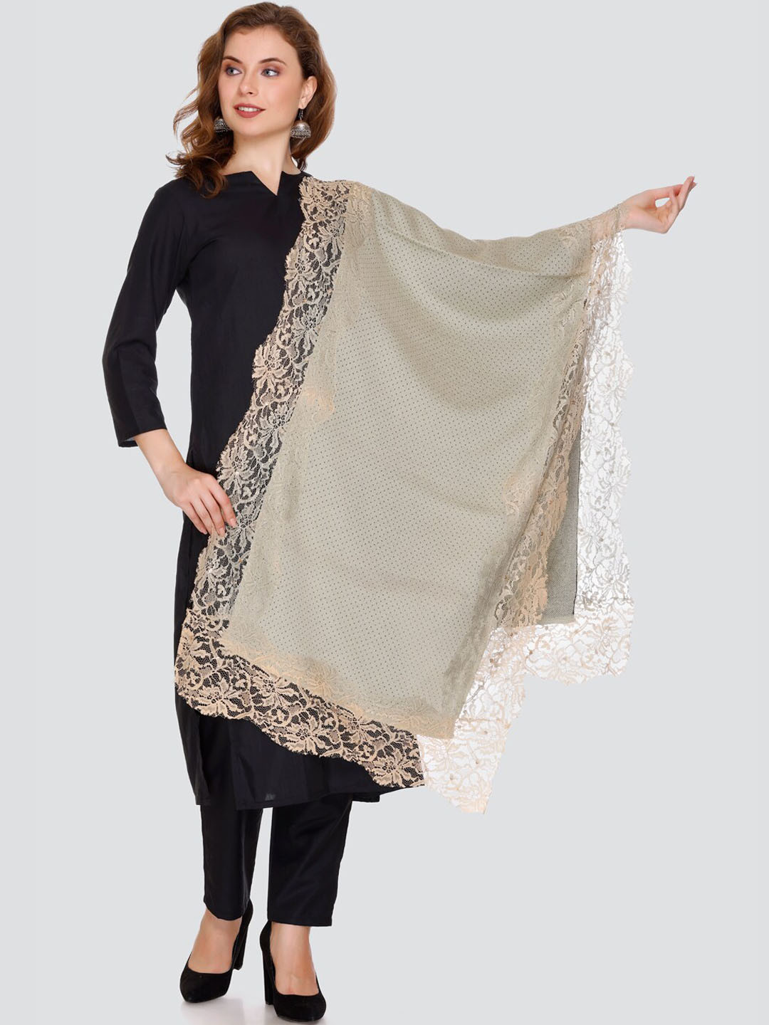 Elthia Geometric Woven Design Lace Border Shawl