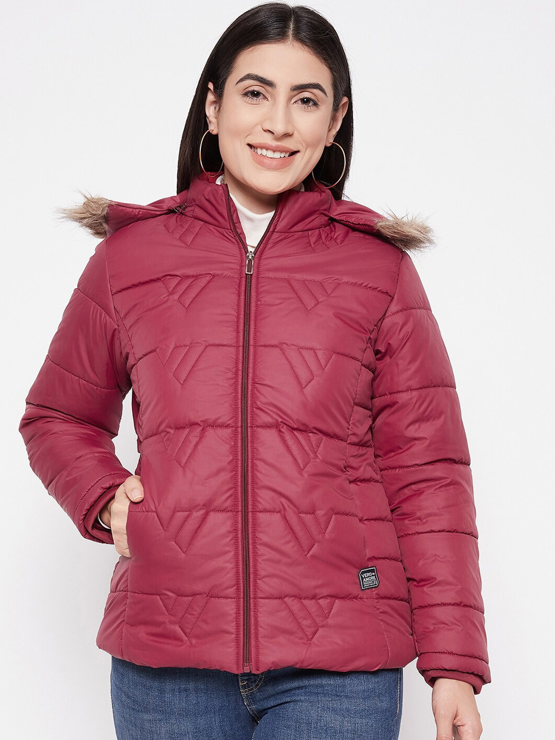 VERO AMORE Hooded Lightweight Quilted Jacket With Faux Fur Trim
