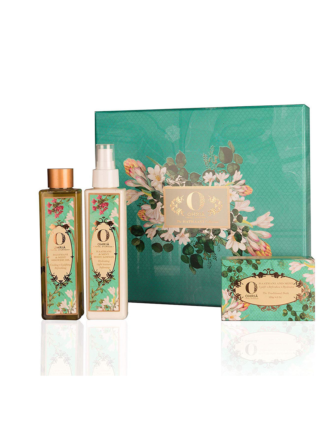 OHRIA AYURVEDA 3-Pcs Raatrani & Mint Shower Wash-Body Lotion & Bathing Bar Gift Set