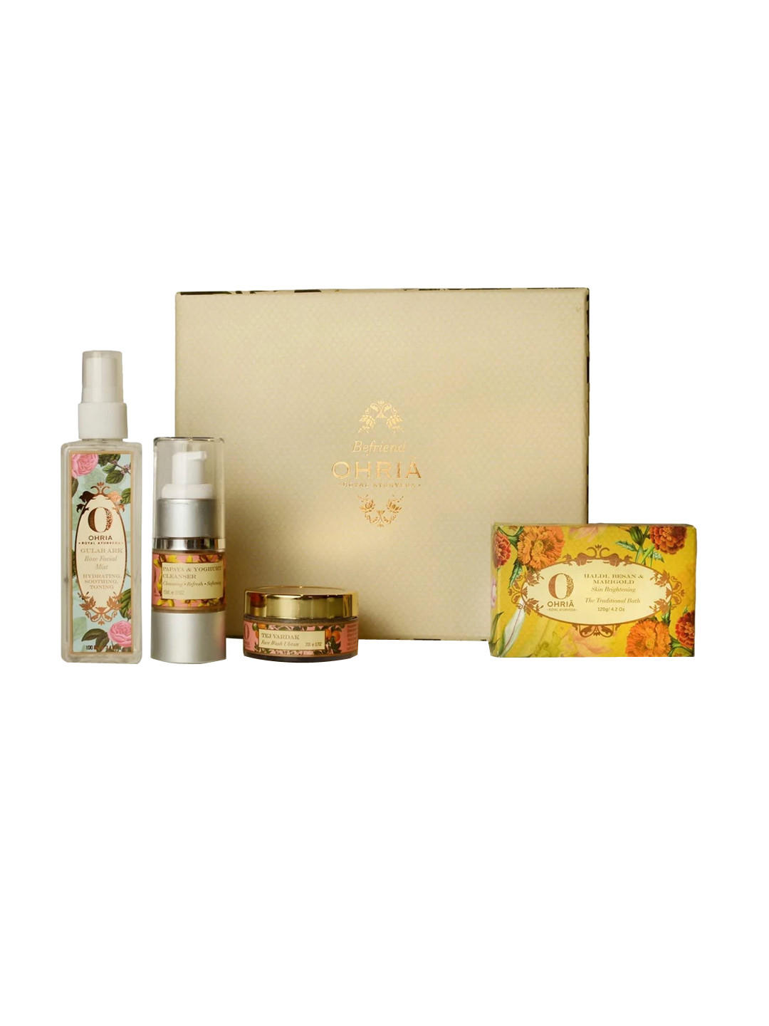 OHRIA AYURVEDA 4-Pcs Rose Facial Mist-Bathing Bar-Cleanser & Face Wash Ubtan Gift Set