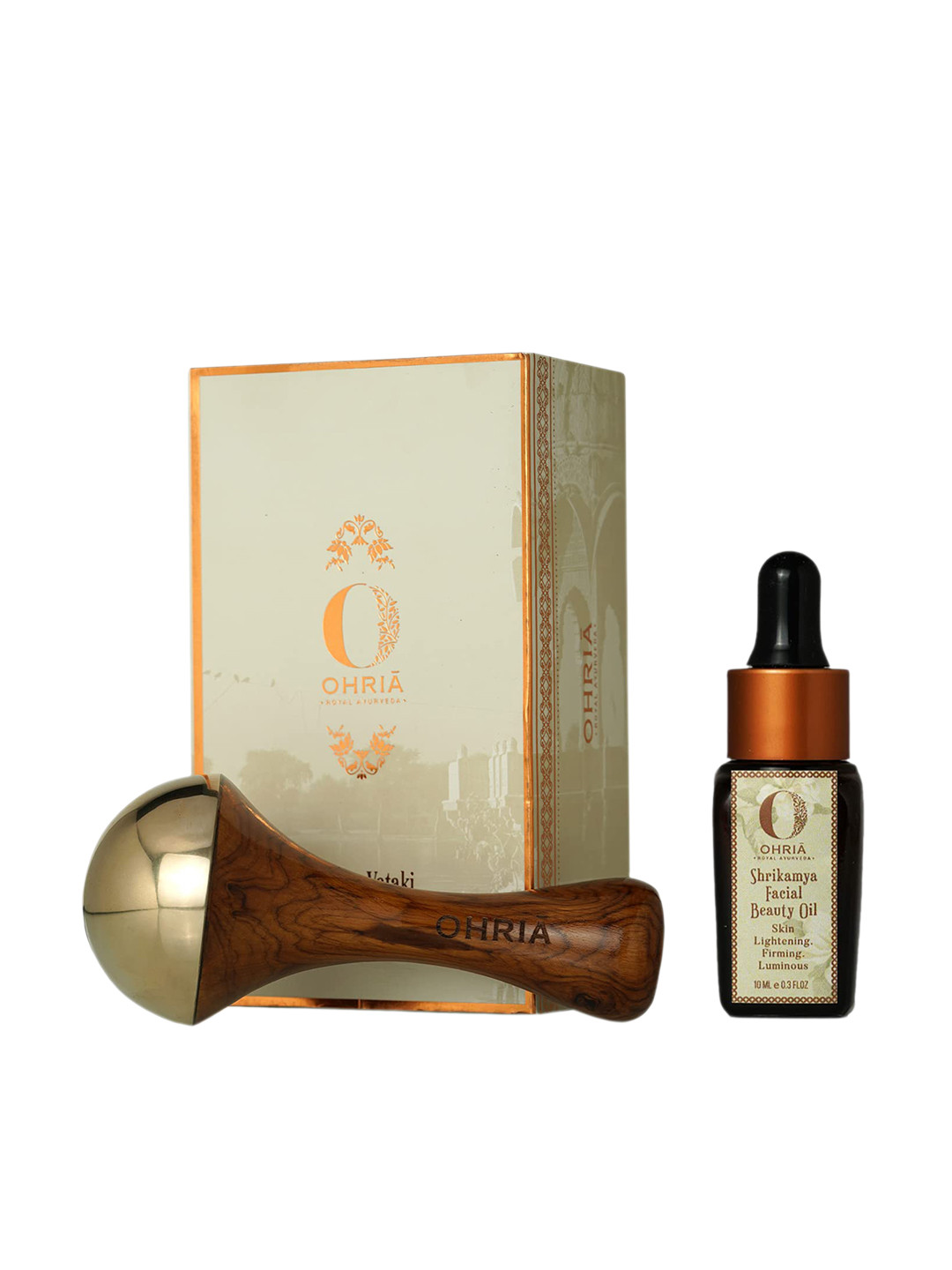 OHRIA AYURVEDA Set Of 2 Kansa Face Massage Wand-Shrikamya Facial Beauty Oil - 10ml