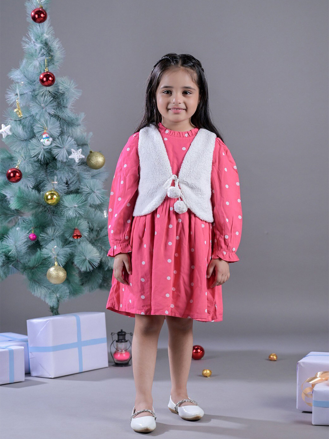 Budding Bees Girls Polka Dot Printed Gathered Fit & Flare Dress