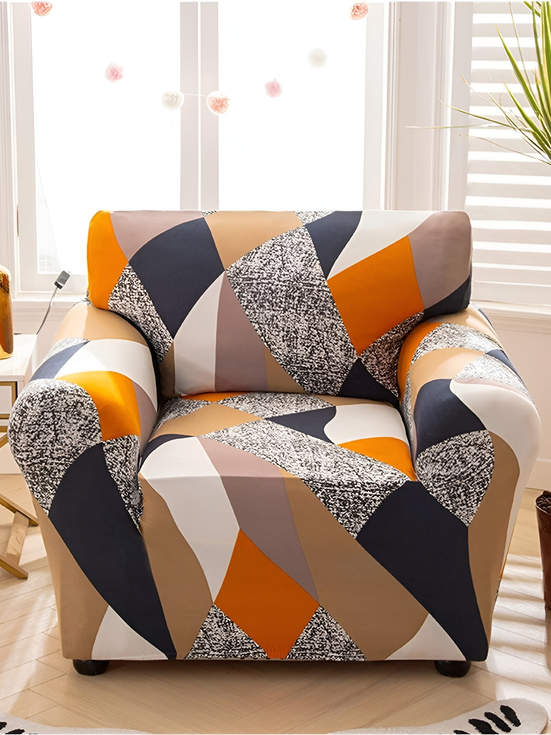 Lukzer Beige & White Printed 1 Seater Sofa Cover With Arms