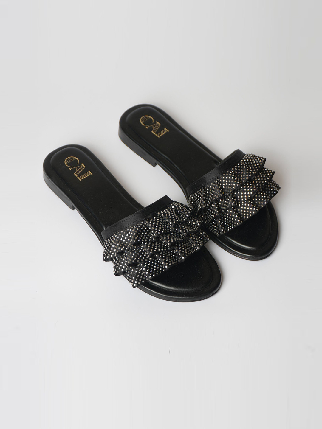 CAI Embellished Ruffles Open Toe Flats