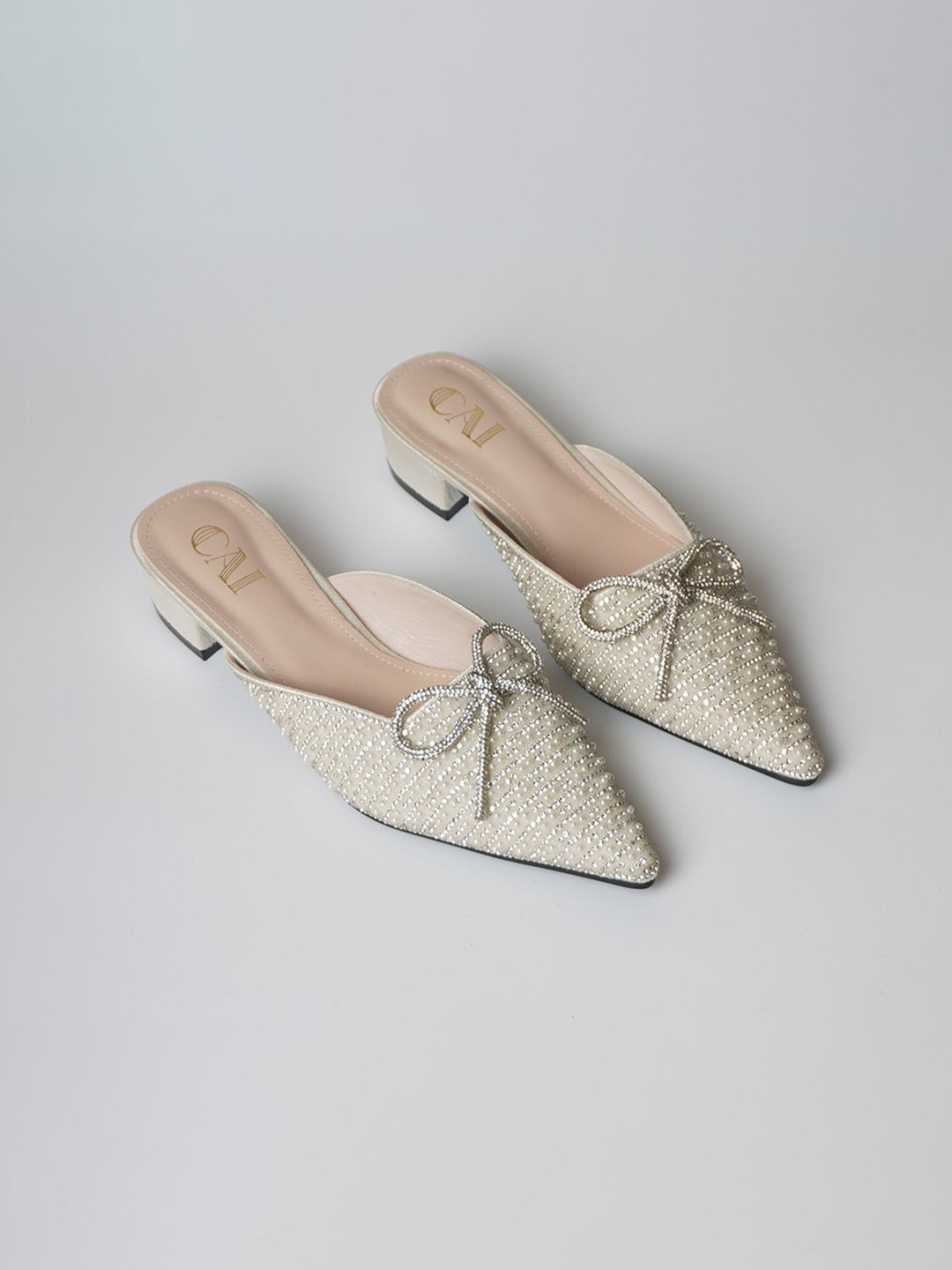 CAI Bow Embellished Block Heel Mules