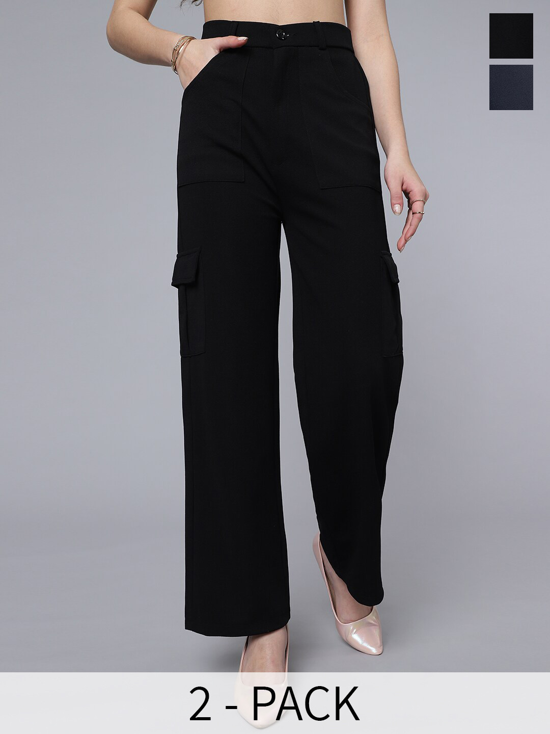 Purple Feather Women Pack Of 2 Smart Straight Fit High-Rise Cargos