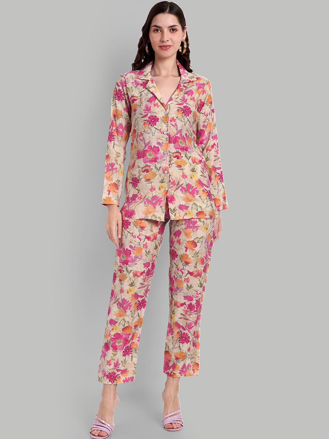 SINGNI Floral Printed Long Sleeve Pure Silk Shirt With Trouser