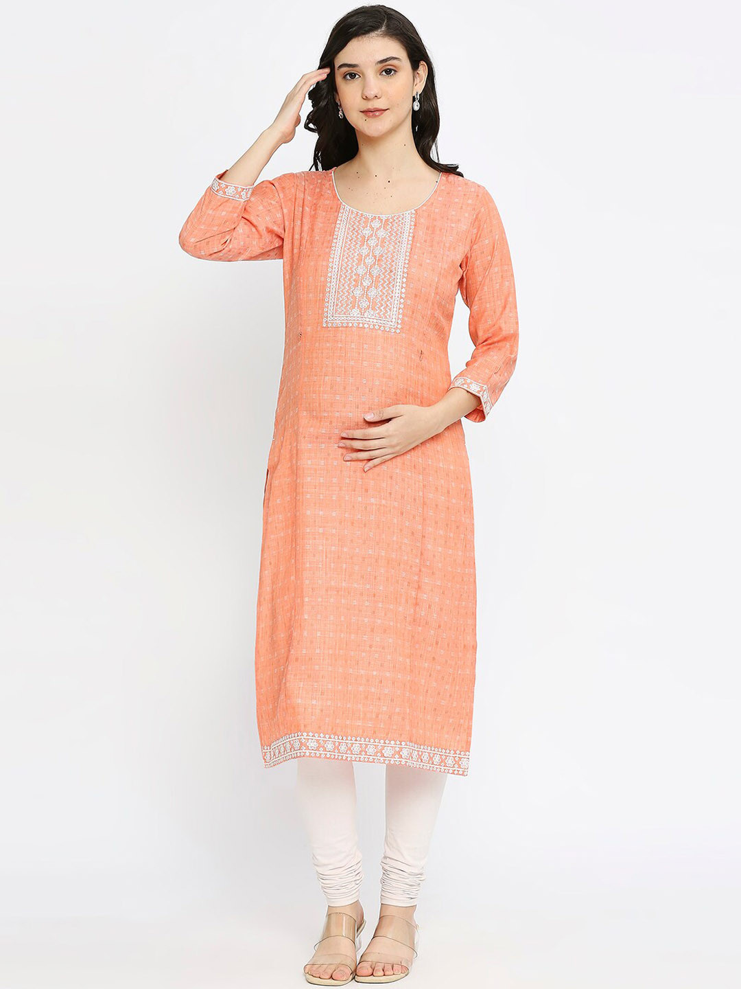 True Shape Geometric Woven Design Thread Work Maternity Straight Kurta