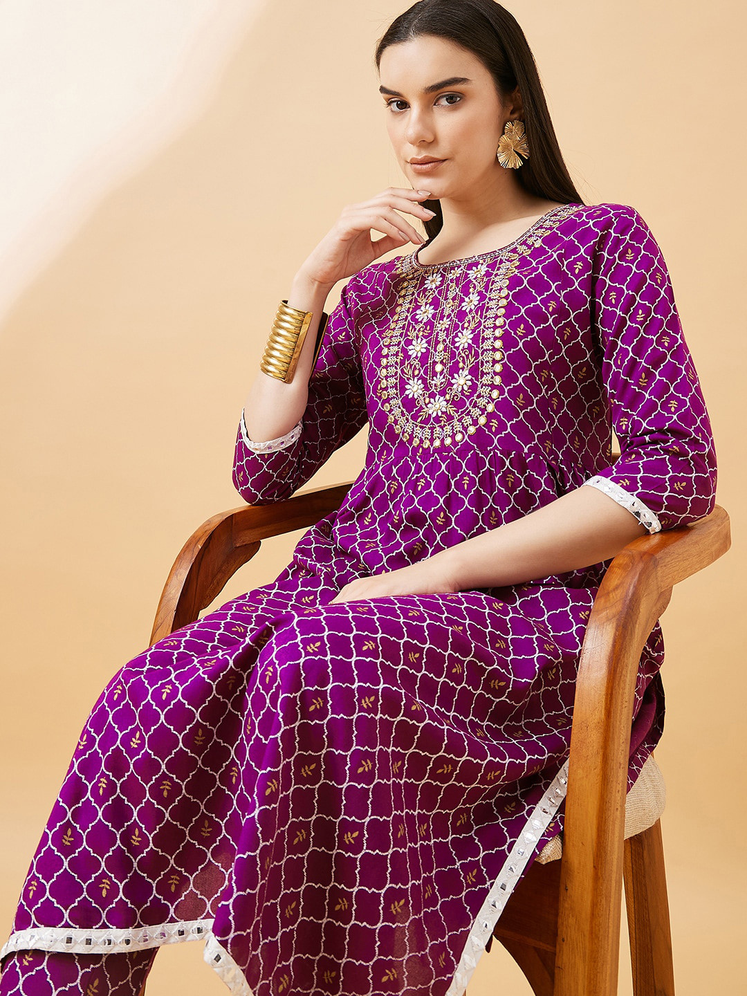 all about you Purpke Ethnic Motifs Printed Mirror Work High Slit Kurta With Trousers