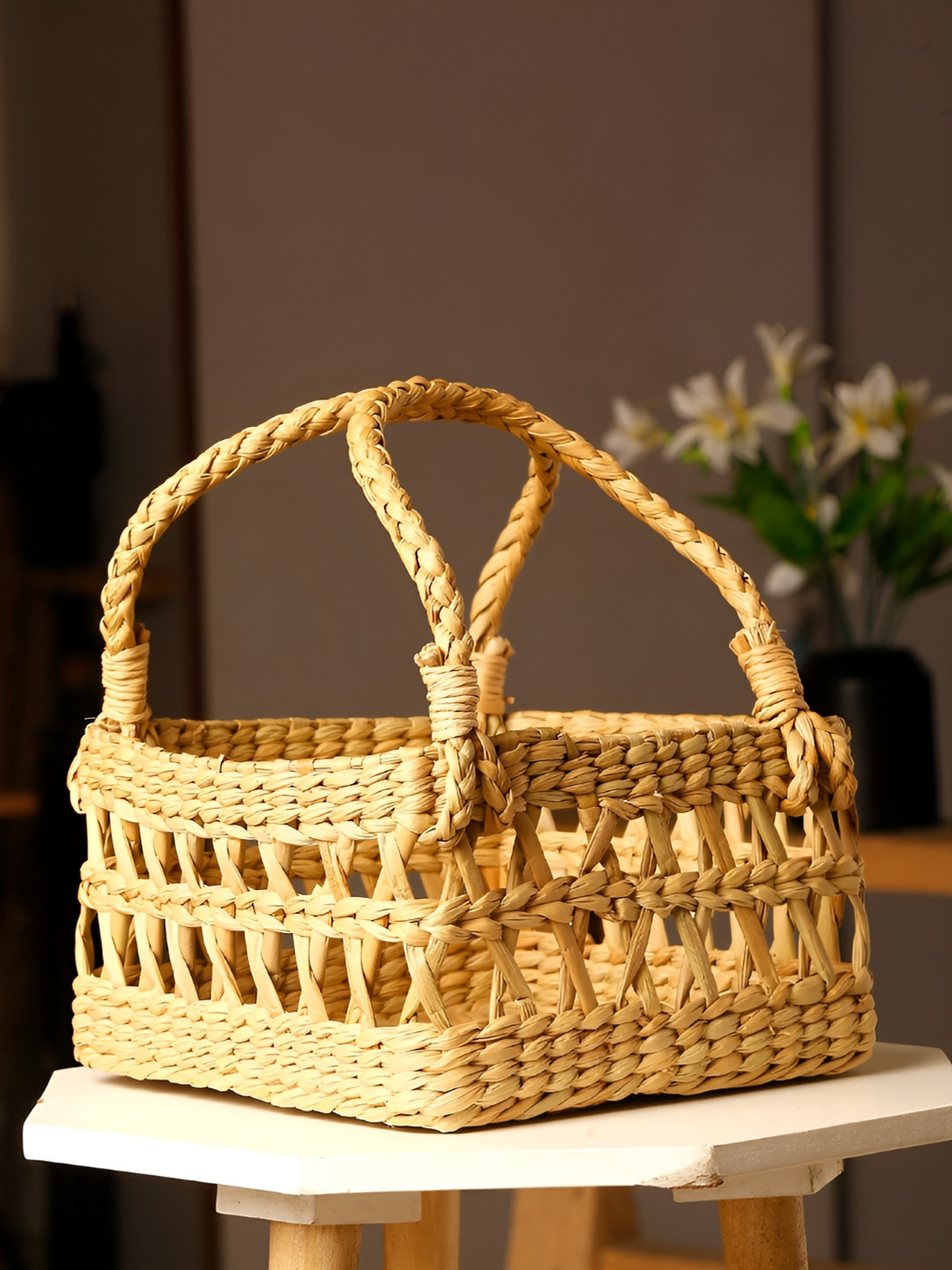 Shilpkara Beige Patterned Seagrass Fruit and Vegetable Basket