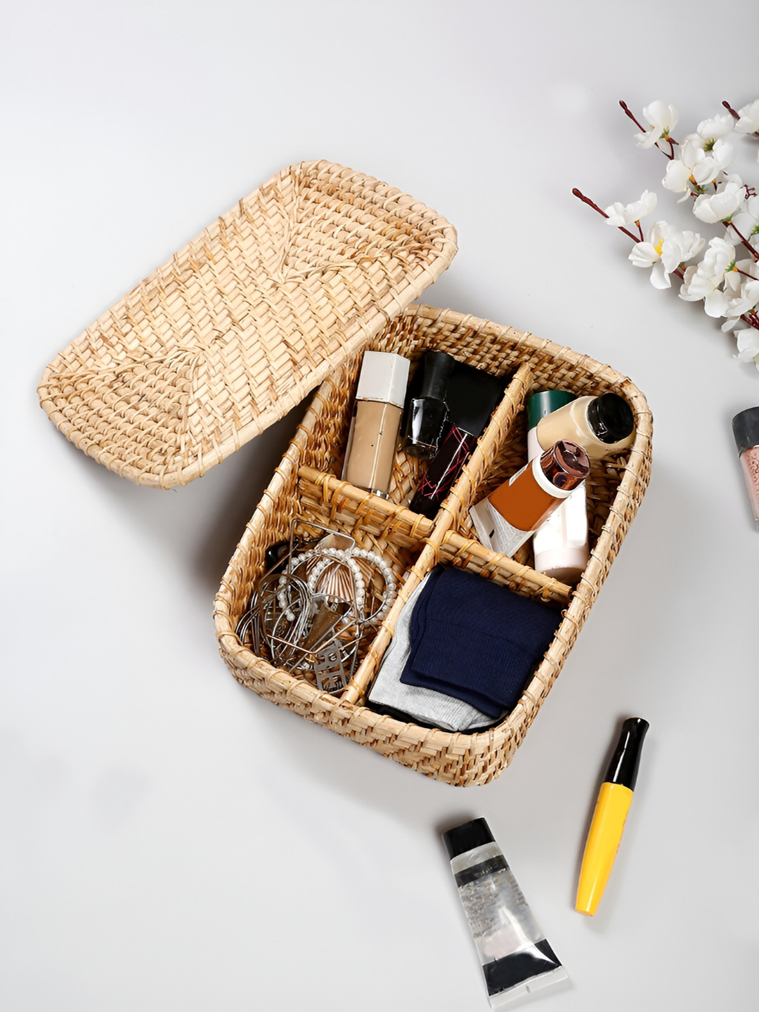 SHILPKARA Brown Wood Rattan Organiser Basket with lid