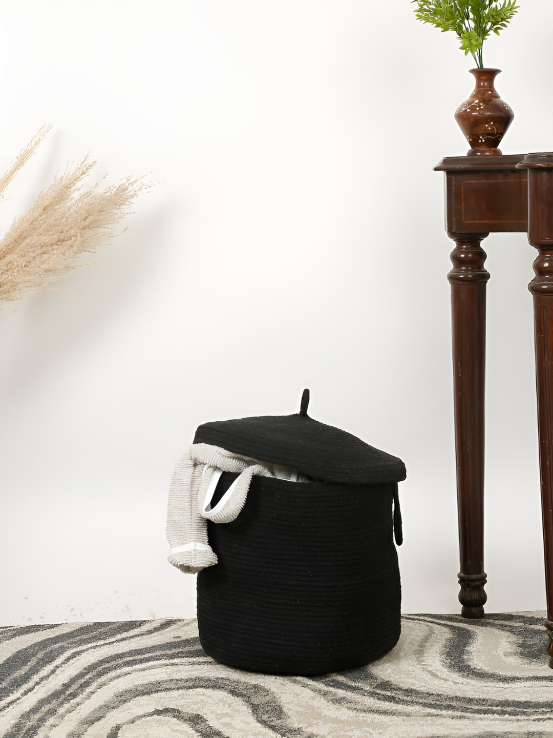 Shilpkara Black Cotton Dori Jute Washing Laundry Basket