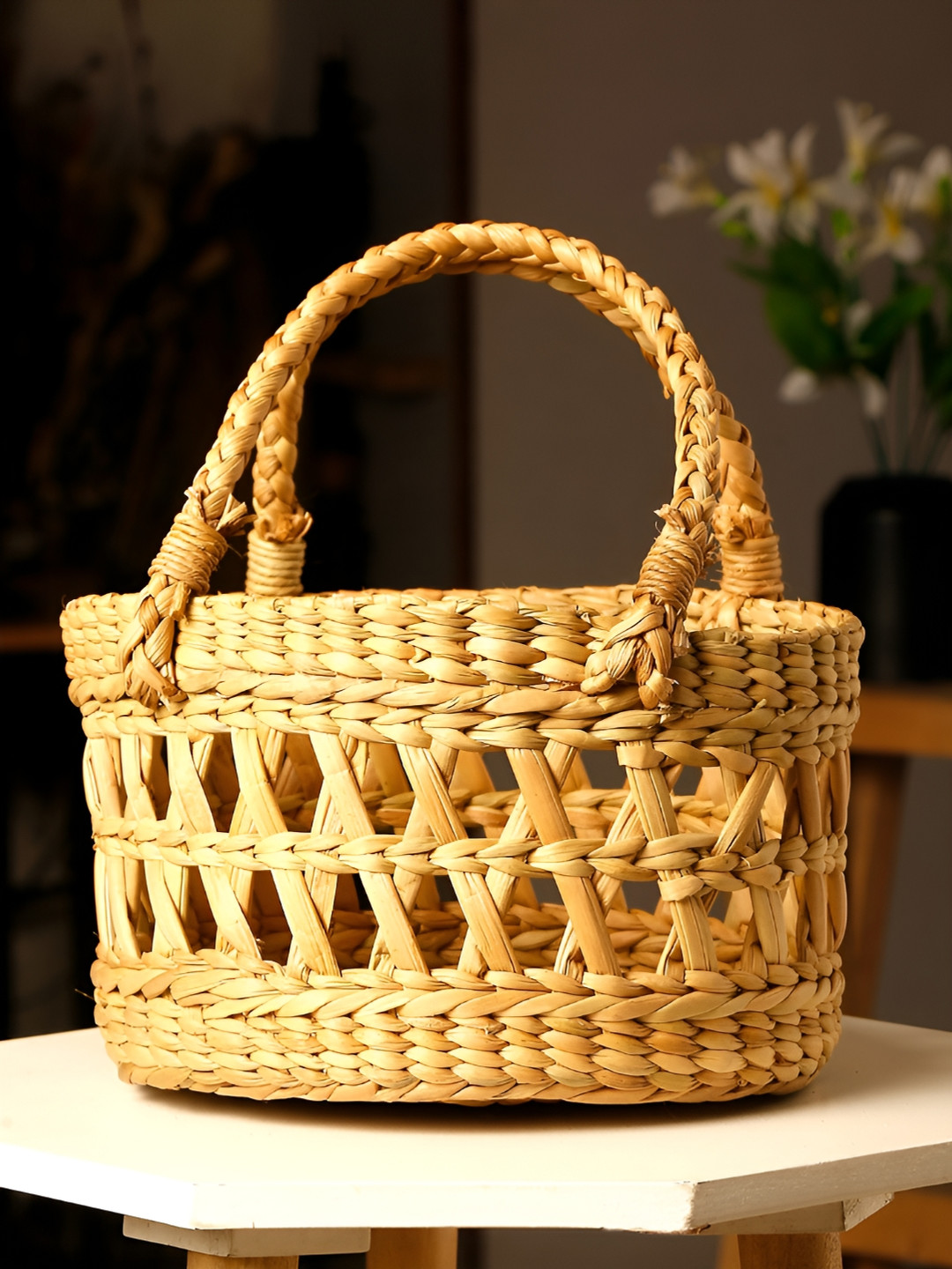 Shilpkara Beige Patterned Seagrass Fruit and Vegetable Basket