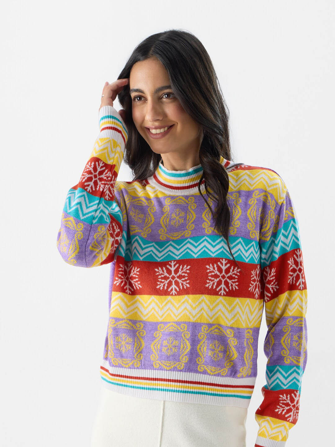 The Souled Store Red Geometric Printed High Neck Acrylic Pullover Sweater