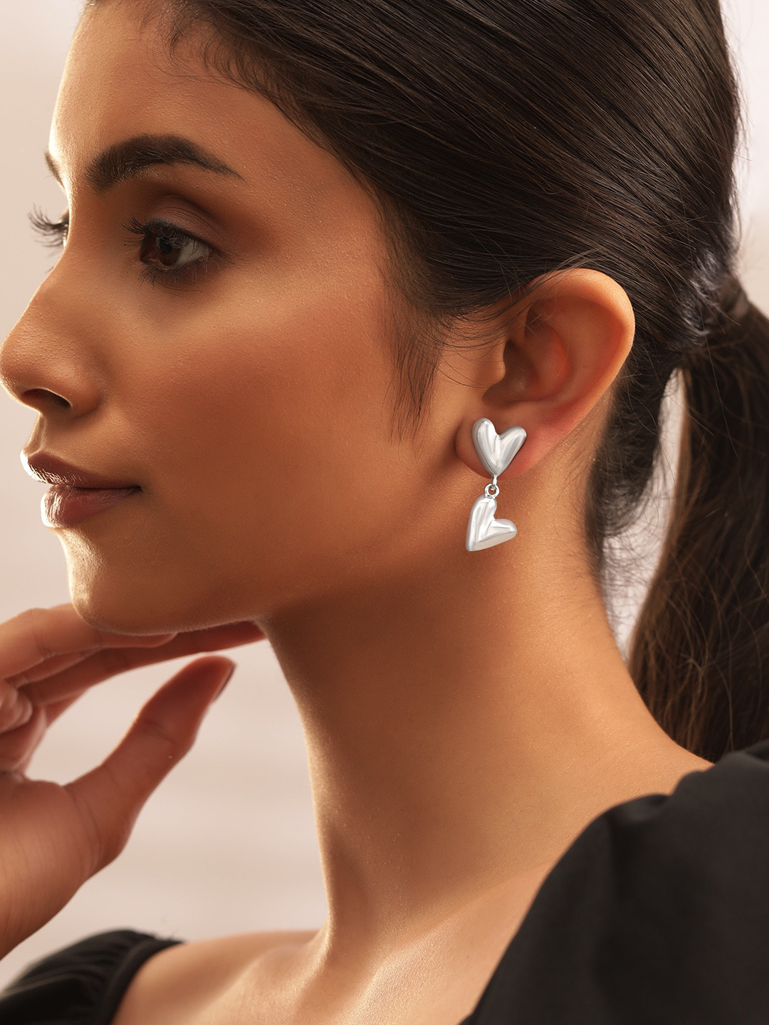 Rubans Silver-Plated Sculpted Glossy Finish Double Heart Studded Drop Earrings