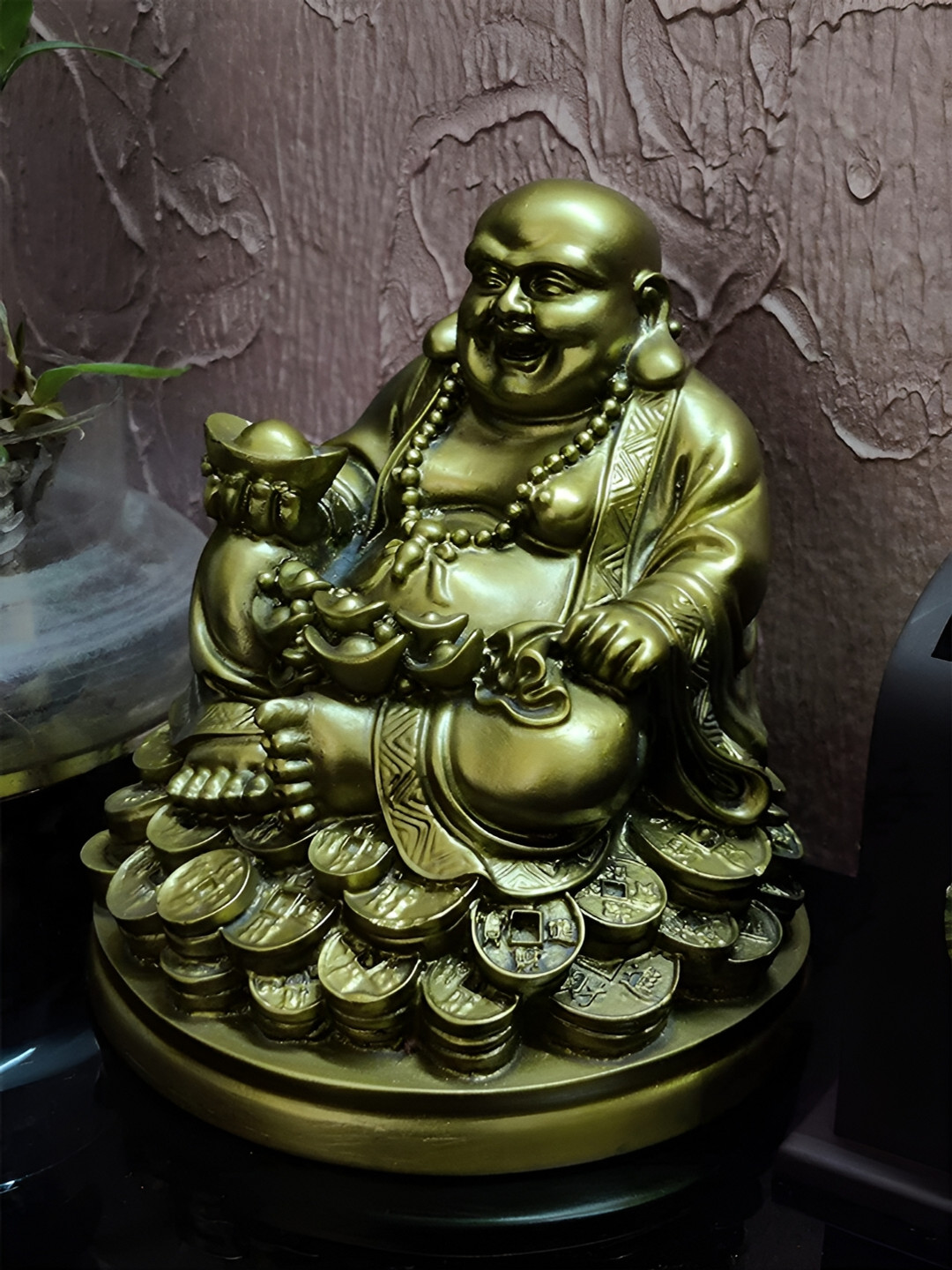 Petrichor Gold-Toned Laughing Buddha on Coins Figurine Showpiece