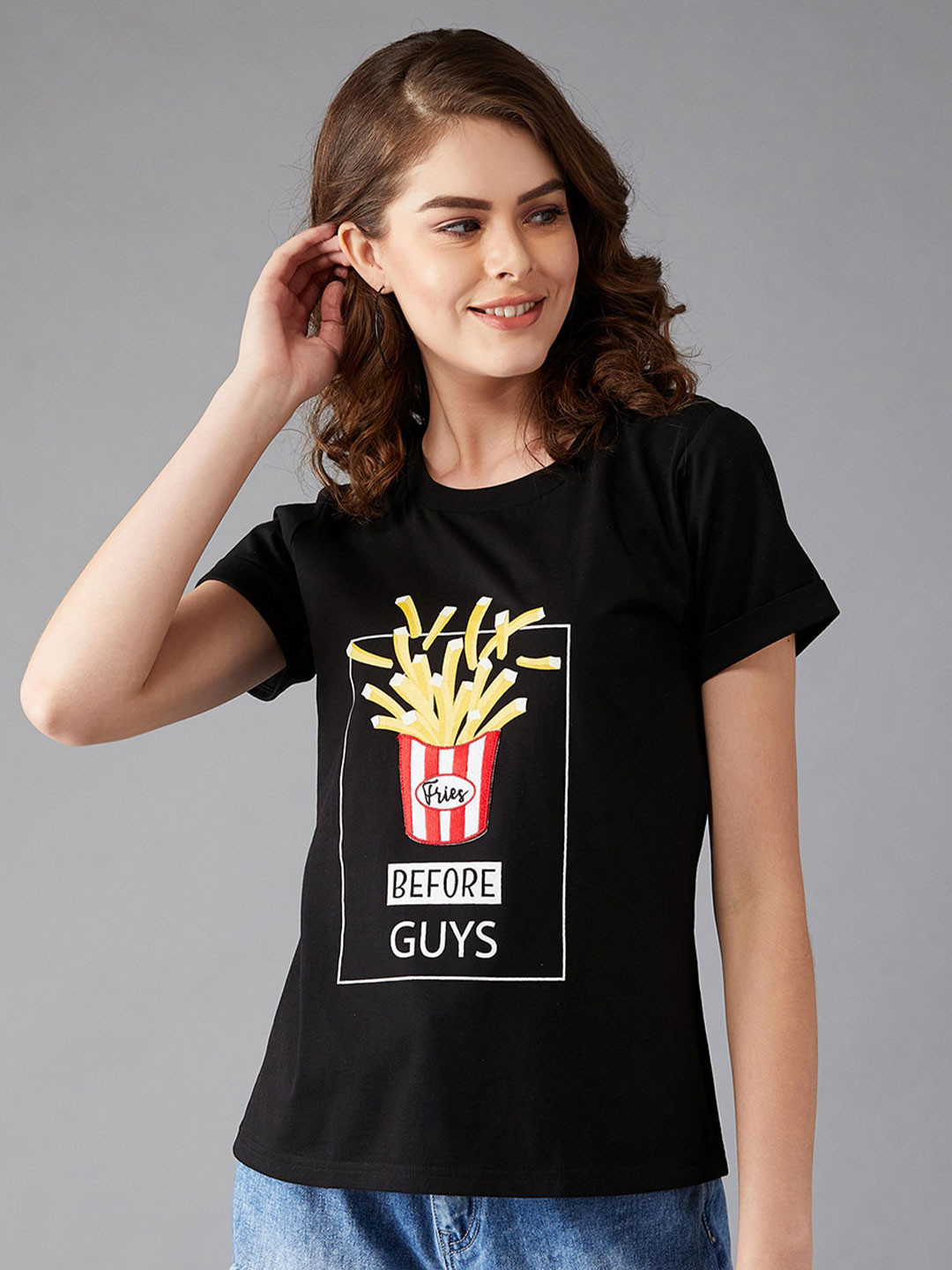 DressBerry Black Fries Before Guys Printed Round Neck Pure Cotton Relaxed Fit T-shirt