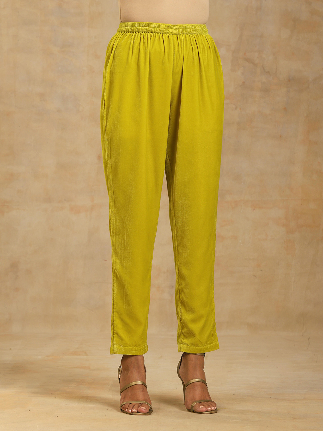 trueBrowns Women Green Straight Fit Velvet Regular Trousers